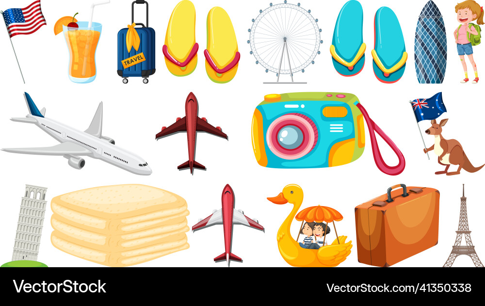 Set of summer vacation objects and elements Vector Image
