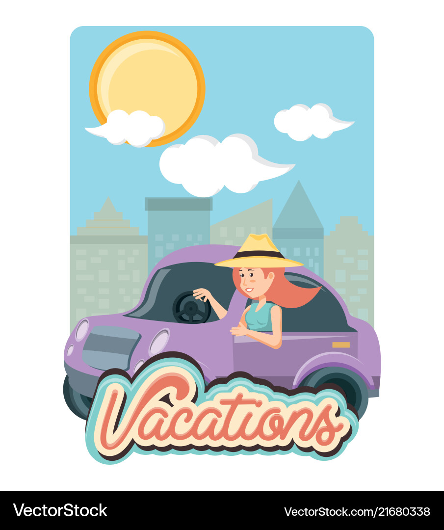 Woman driving car travel vacations Woman driving car travel vacations vector image