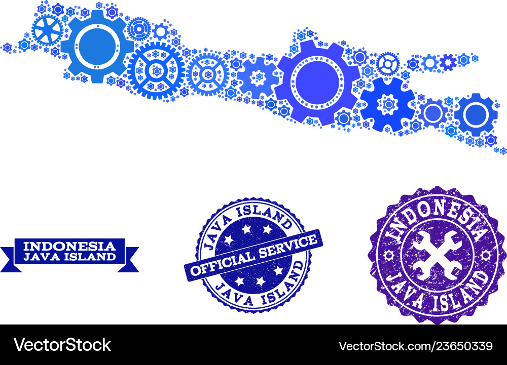 Collage map of java island with gears and rubber Collage map of java island with gears and rubber vector image
