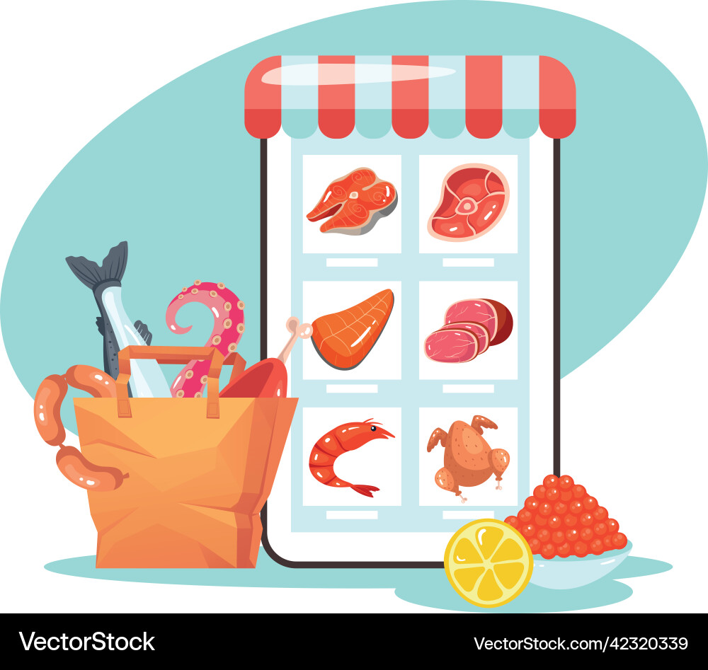 Online Fleisch Fisch Internet Smartphone bestellen Online Fleisch Fisch Internet Smartphone bestellen vektorbild