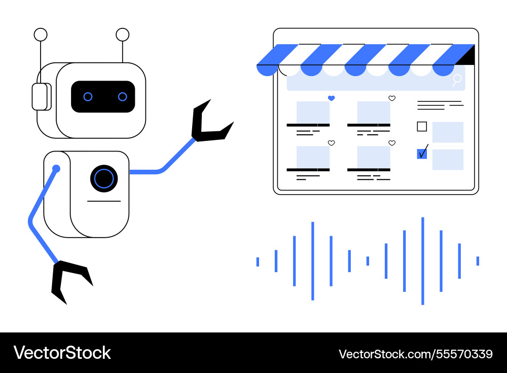 Robot interacting with online storefront Robot interacting with online storefront vector image