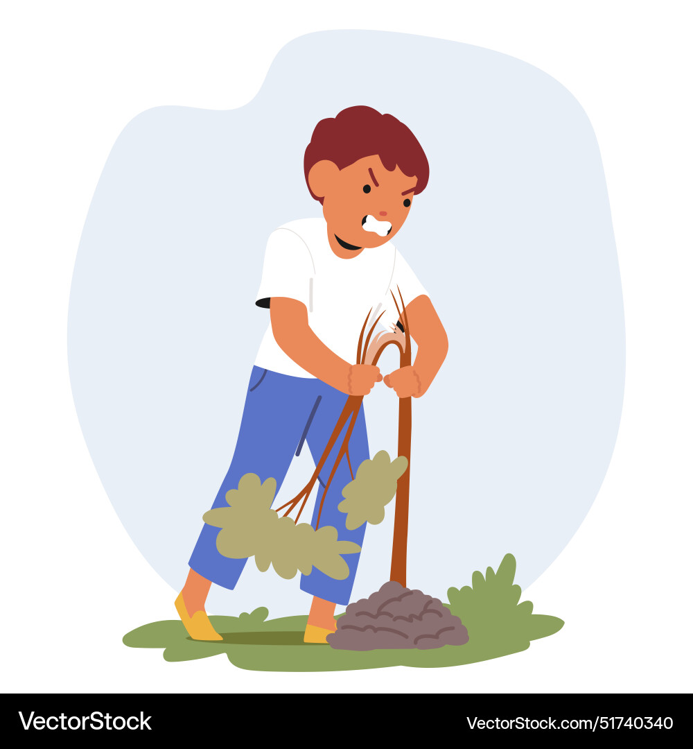 Angry boy pulling and destroying a plant Angry boy pulling and destroying a plant vector image