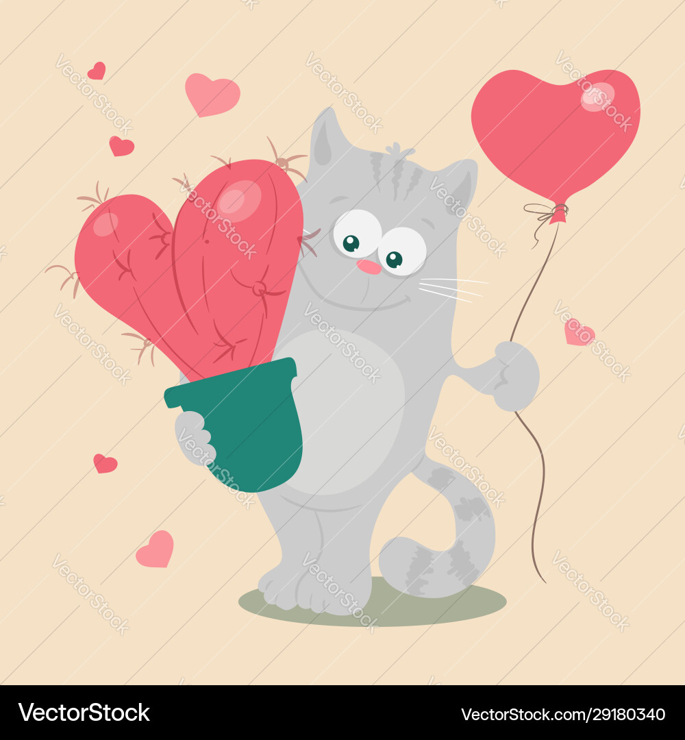 Cute cartoon cat with a heart-shaped cactus Cute cartoon cat with a heart-shaped cactus vector image