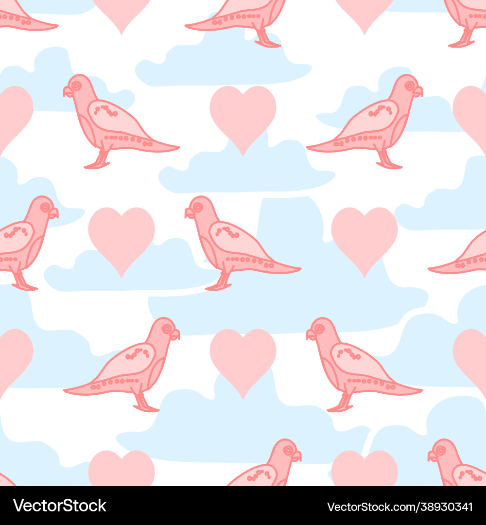 Birds and hearts in cloudy sky design pattern Vector Image