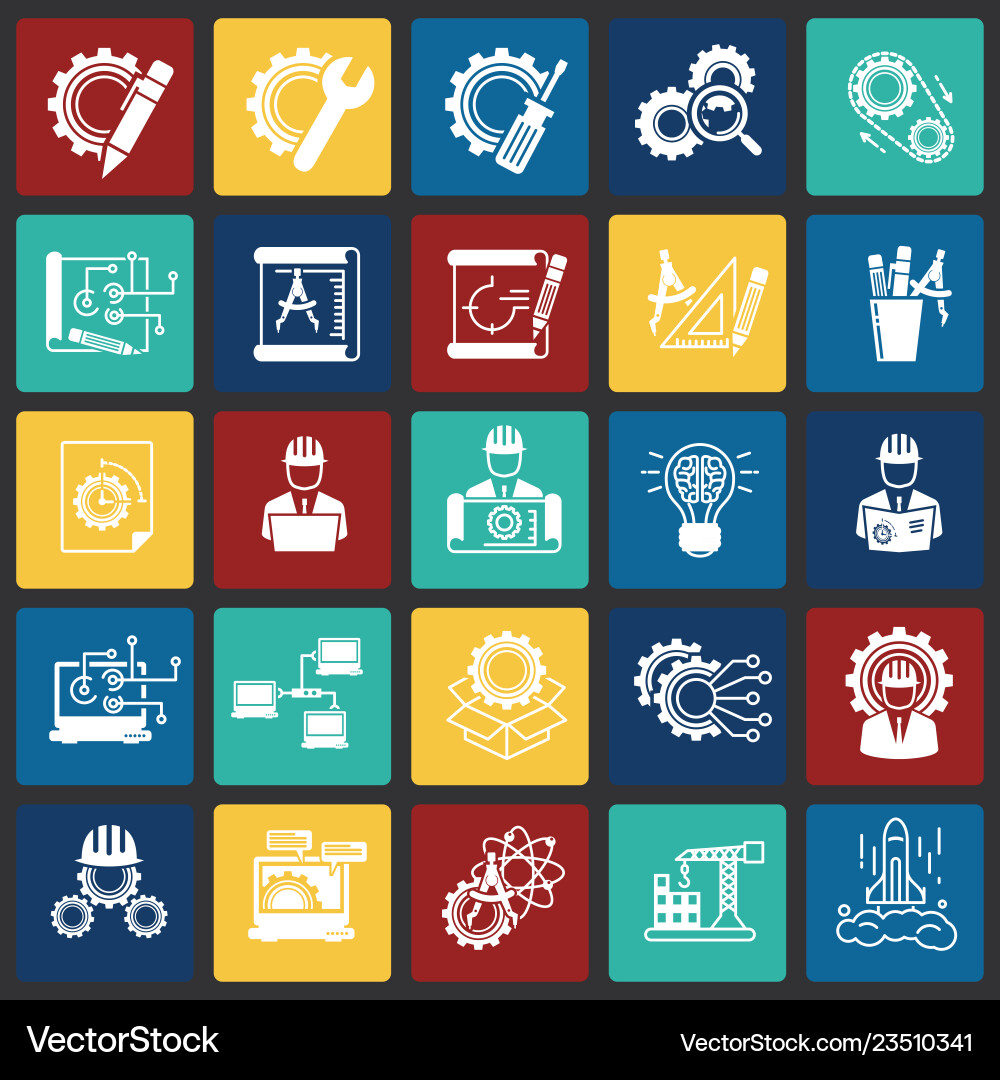 Engineering icons set on color squares background Engineering icons set on color squares background vector image
