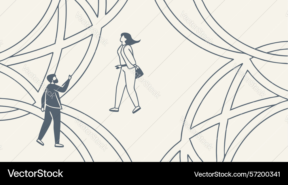 Figures interacting with abstract network design vector image