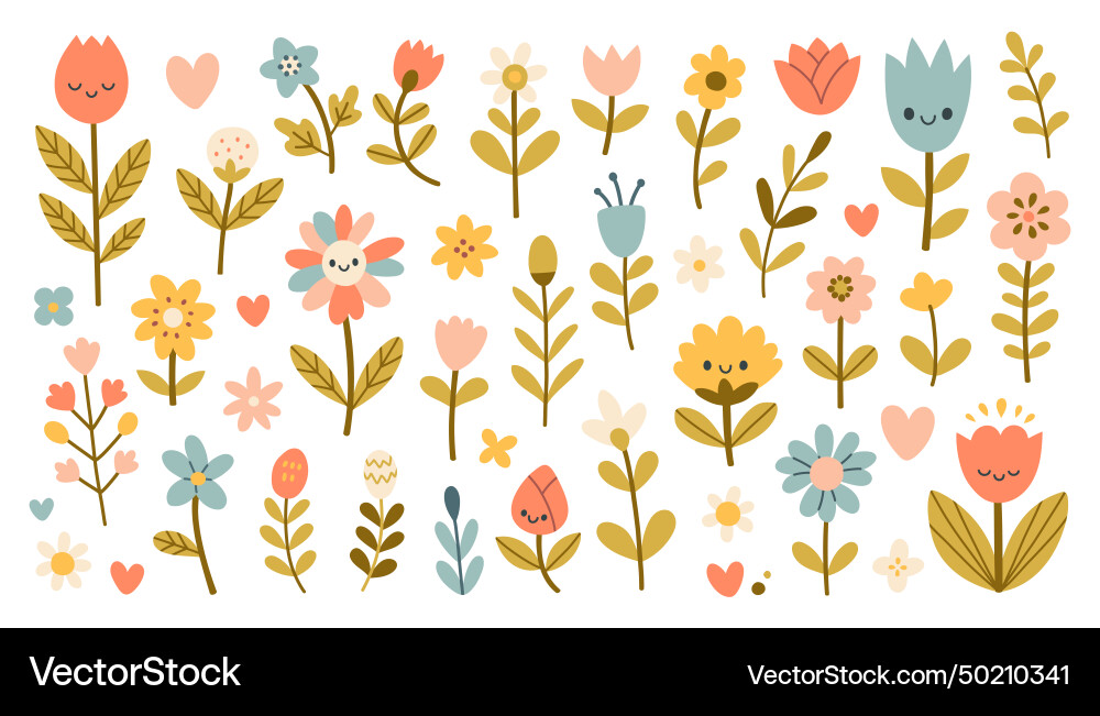Isolated set with cute spring flowers and leaves Isolated set with cute spring flowers and leaves vector image
