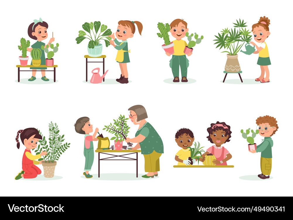 Kids care home plants cute children and grandma Vector Image
