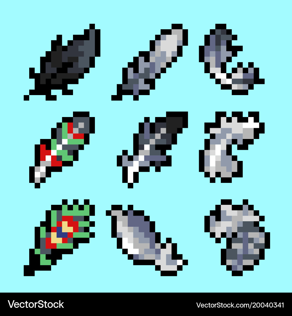 Set of feathers in pixel style vector image