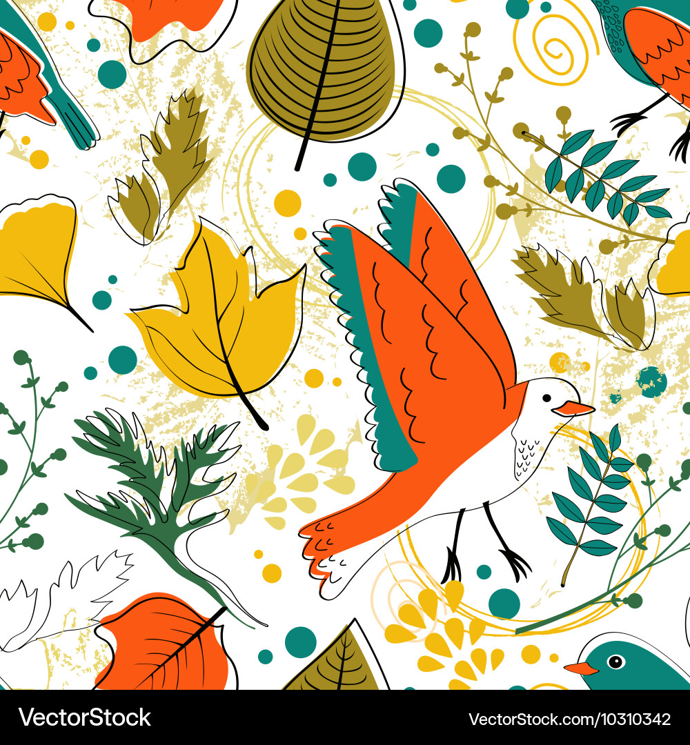 Autumn Floral Birds Pattern Vector Image