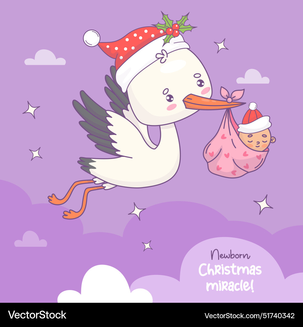 Christmas cute flying stork in santa hat and baby Christmas cute flying stork in santa hat and baby vector image