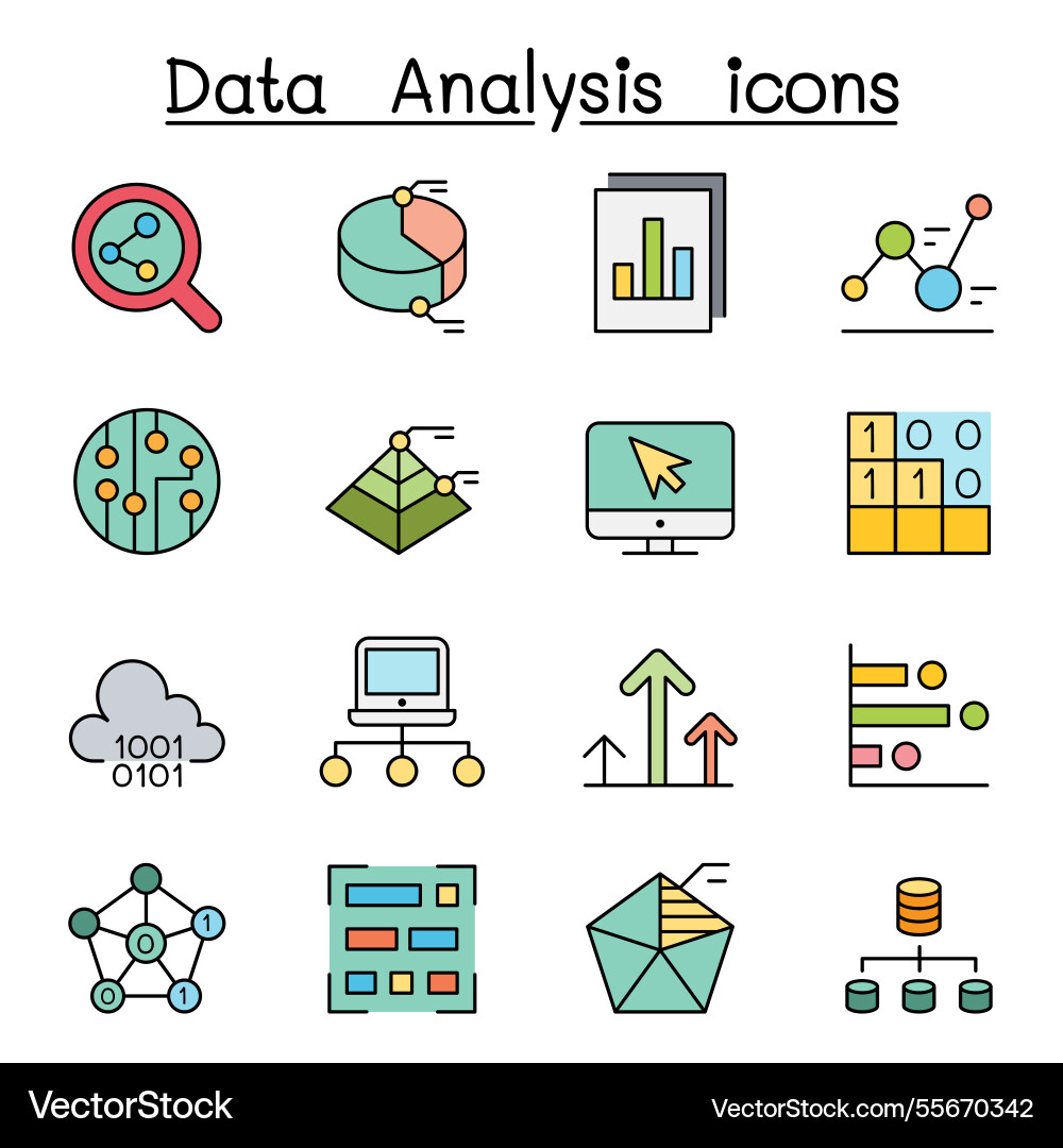 Database data and graph icon set in color line Database data and graph icon set in color line vector image