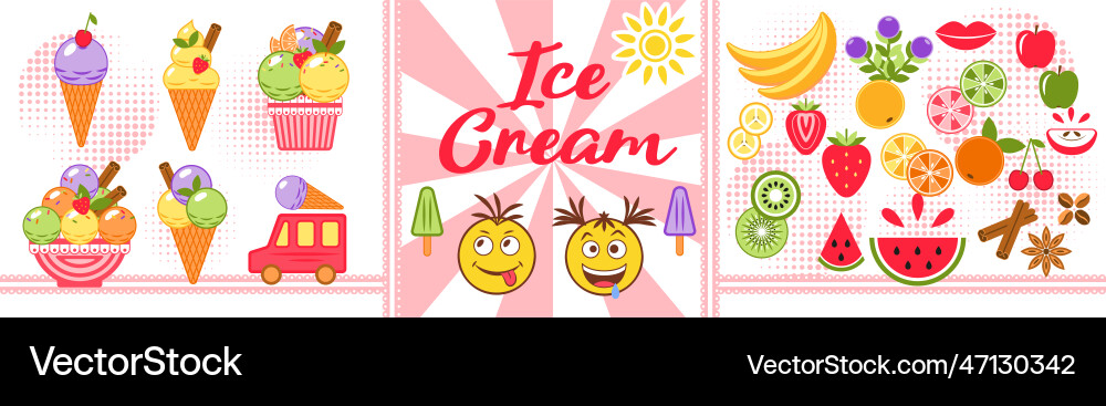 Ice cream objects fruits emoji in simple style Ice cream objects fruits emoji in simple style vector image