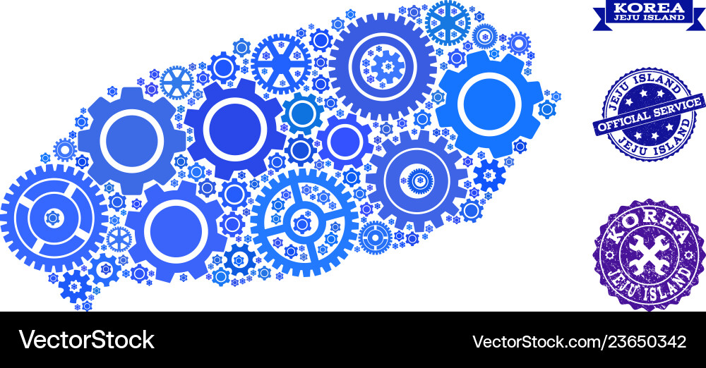 Mosaic map of jeju island with cogs and grunge Vector Image