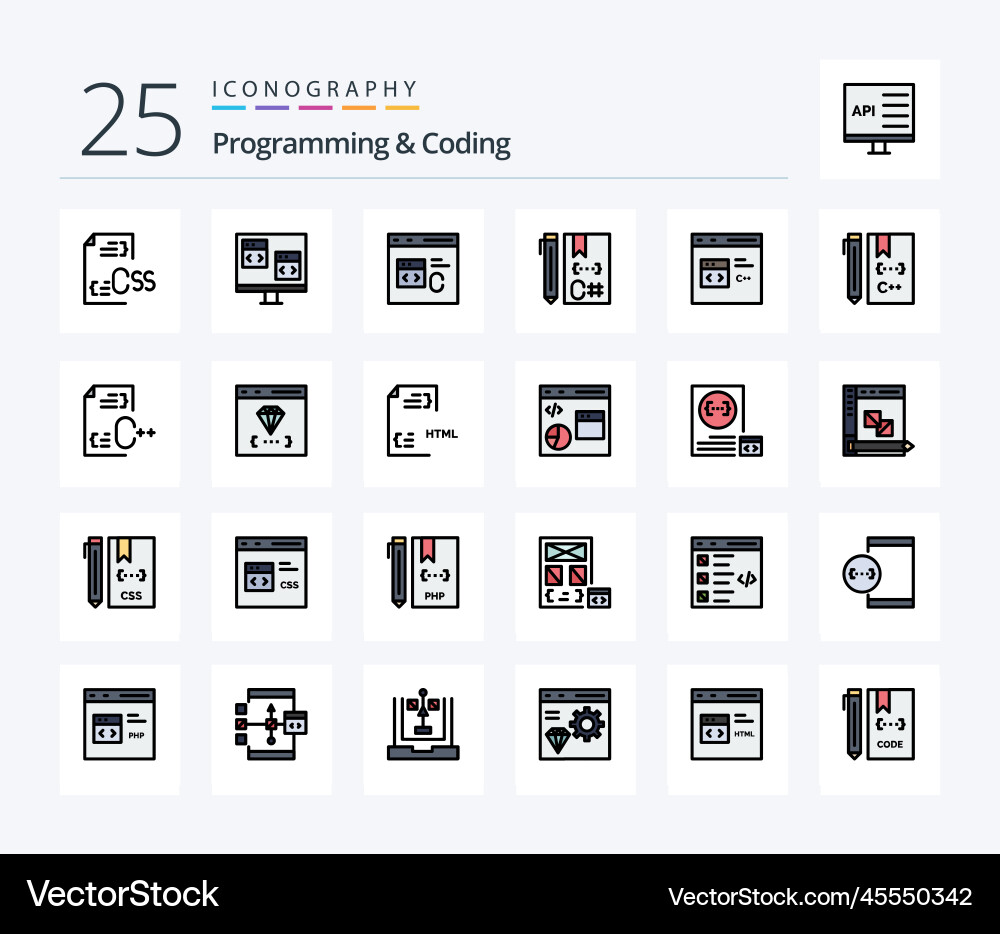 Programming and coding 25 line filled icon pack vector image