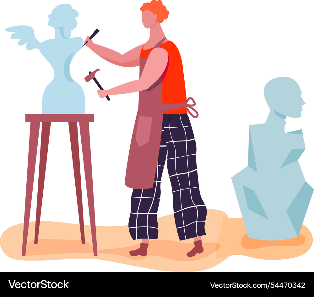 Sculptor wearing an apron using chisel and hammer Vector Image