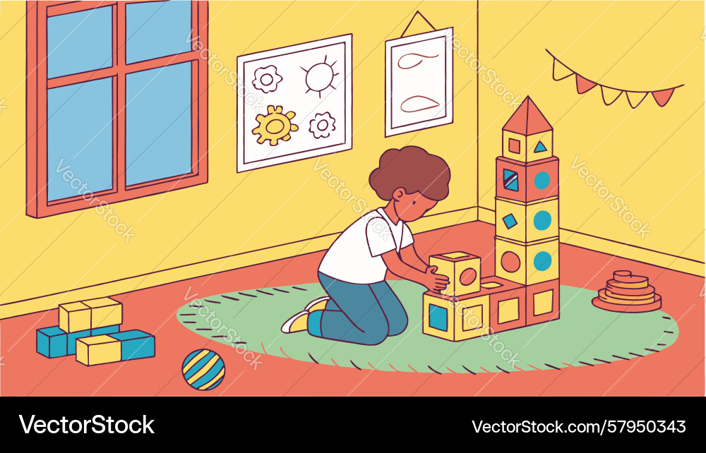 Child playing with blocks in a colorful room vector image