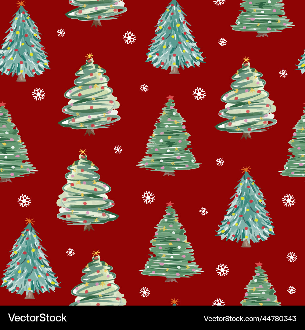 Christmas tree and snowflake on red background Vector Image
