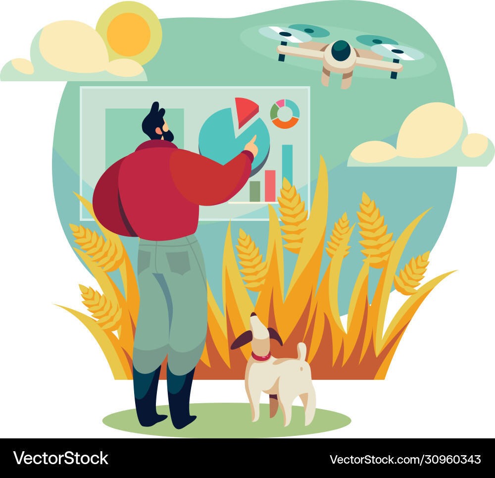 Man with dog control drone in field concept Man with dog control drone in field concept vector image