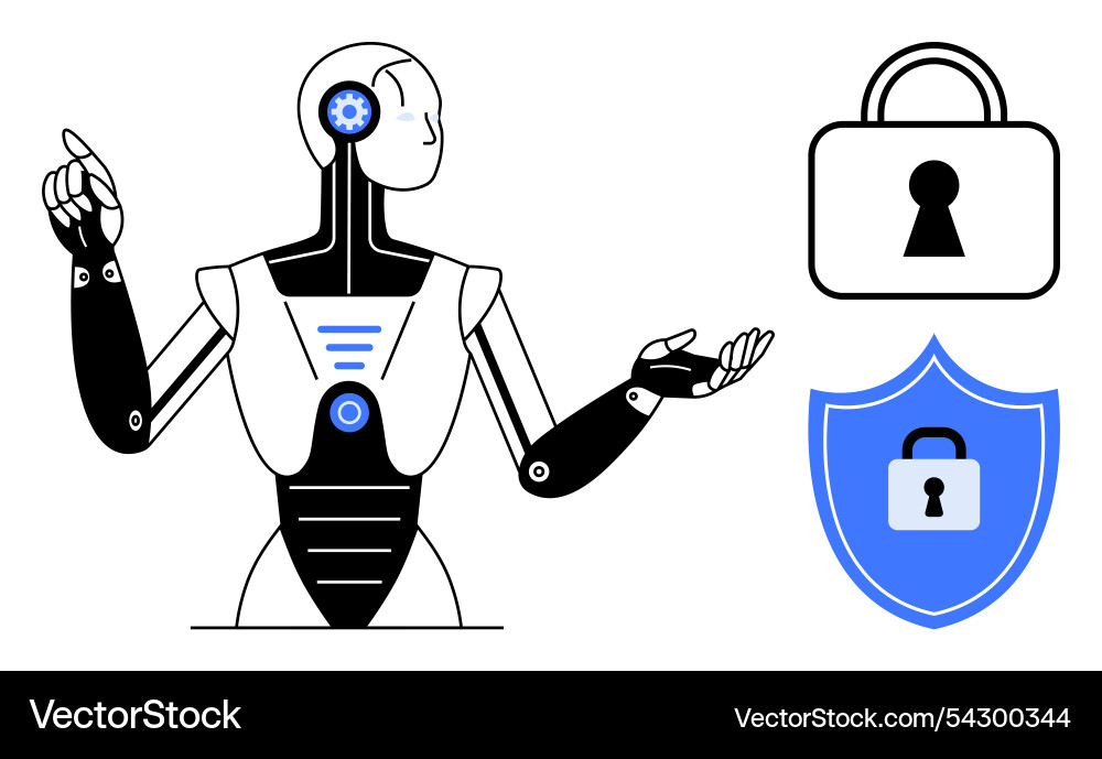 Advanced robot gesturing with security symbols Advanced robot gesturing with security symbols vector image