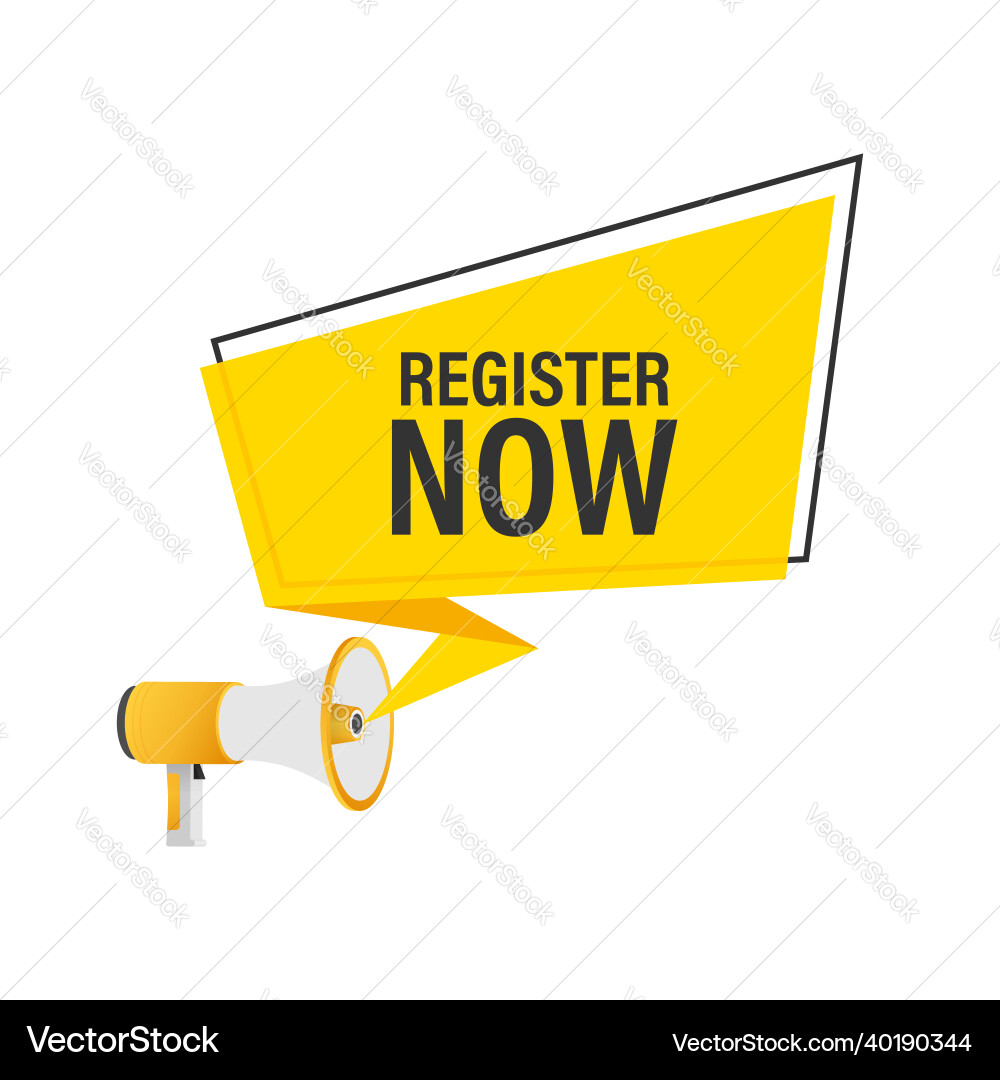 Megaphone label with register now Megaphone label with register now vector image
