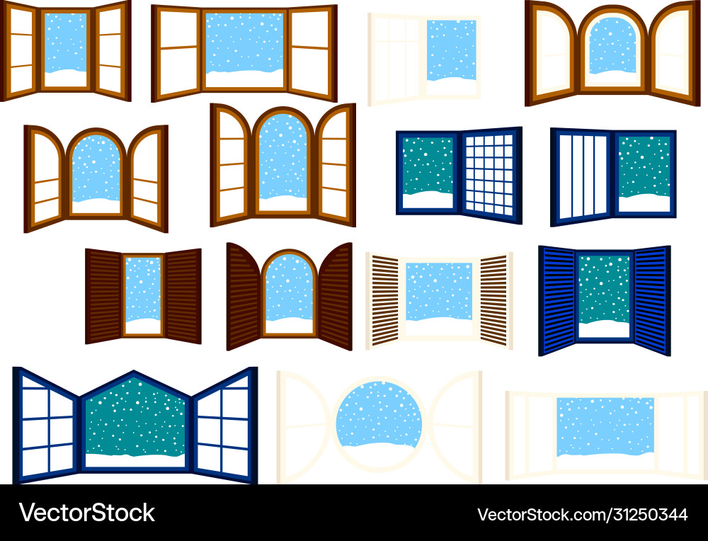 Open window frame with falling snow set Vector Image