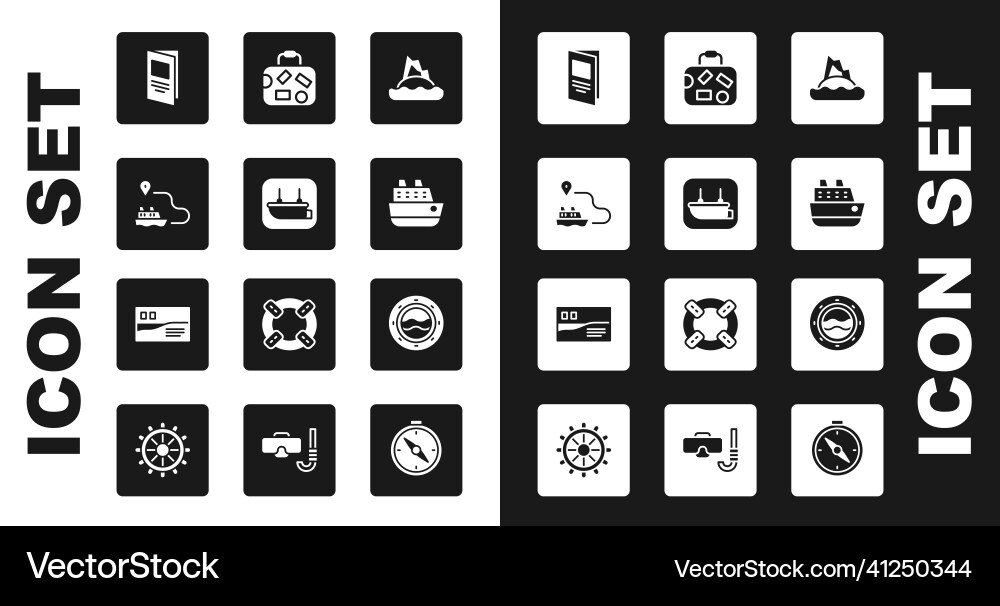 Set tropical island in ocean lifeboat ship line Set tropical island in ocean lifeboat ship line vector image