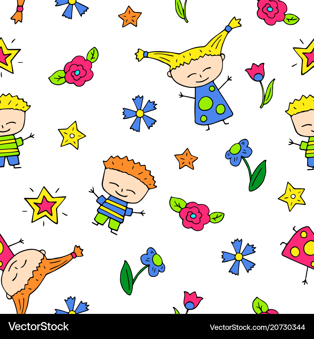 Smiling child doodle characters seamless pattern Smiling child doodle characters seamless pattern vector image