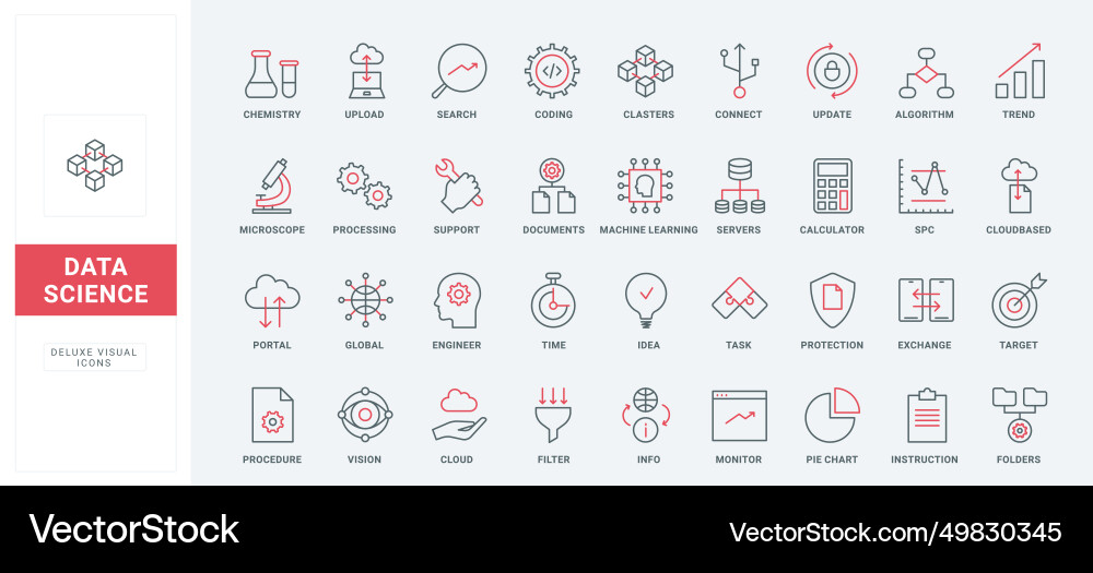 Data science thin black and red line icons set Data science thin black and red line icons set Vector Image