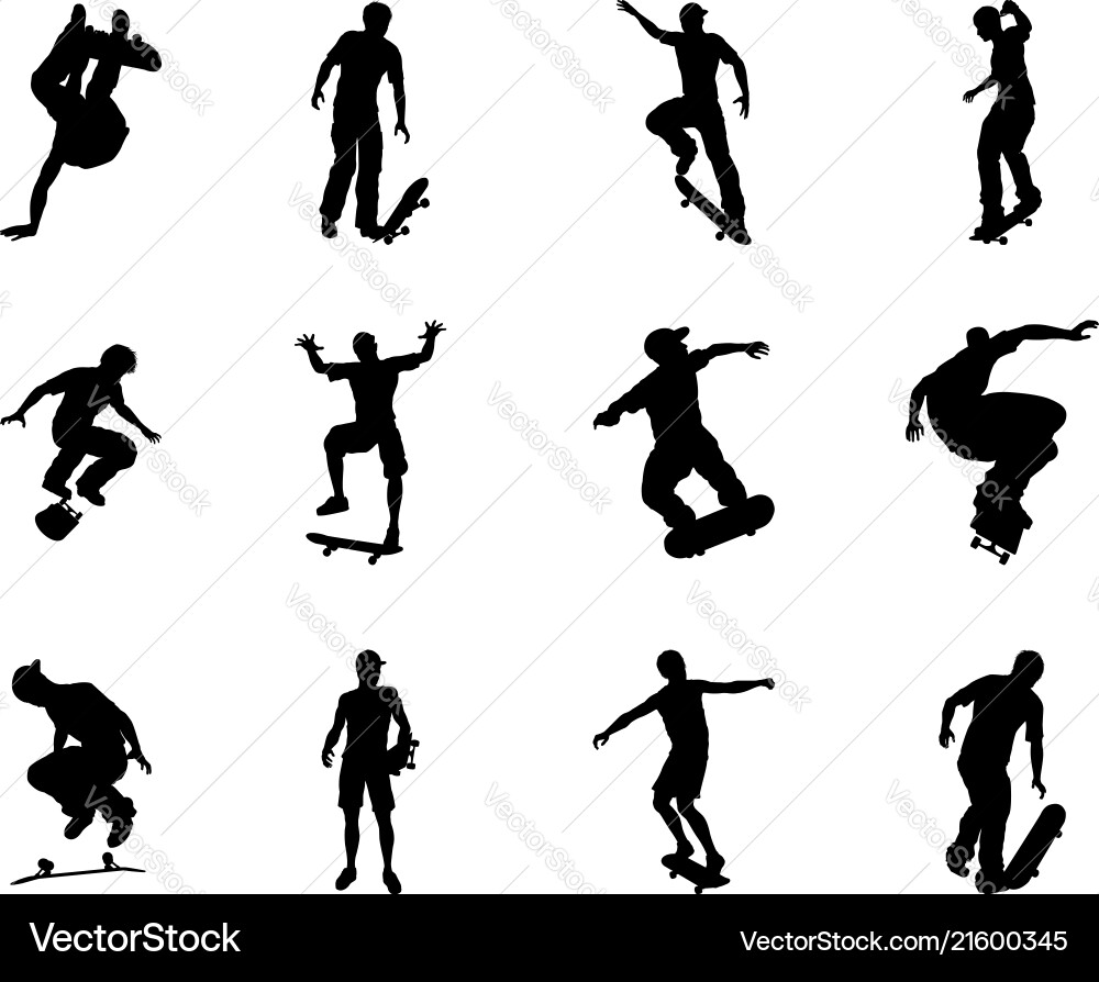 Skateboarder Silhouettes - Tricks & Poses Vector Image