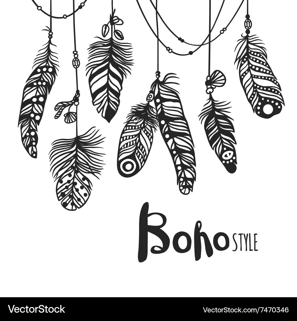 Boho feather hand drawn effect style Royalty Free Vector