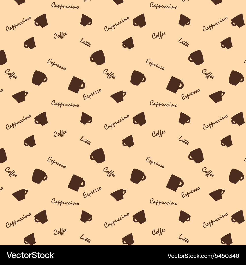 Coffee xups and names seamless background pattern Vector Image