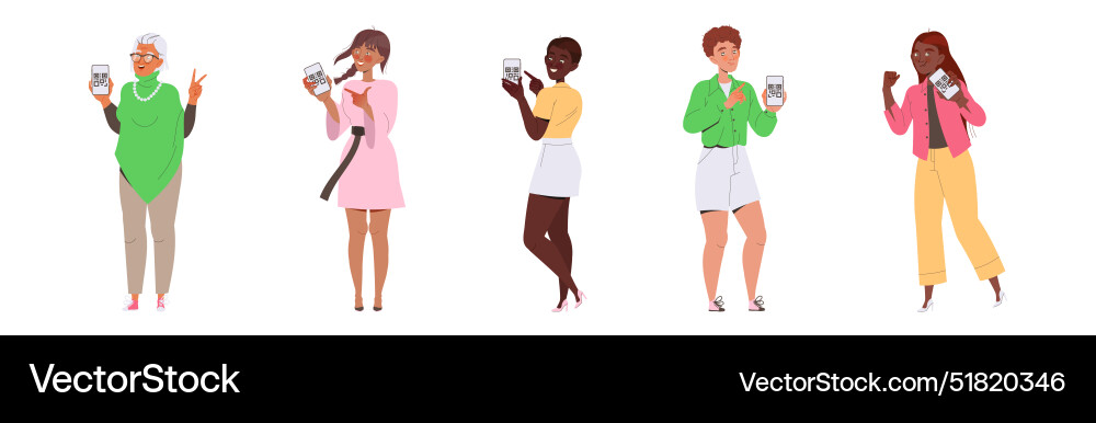 People characters showing qr code on their gadget People characters showing qr code on their gadget Vector Image