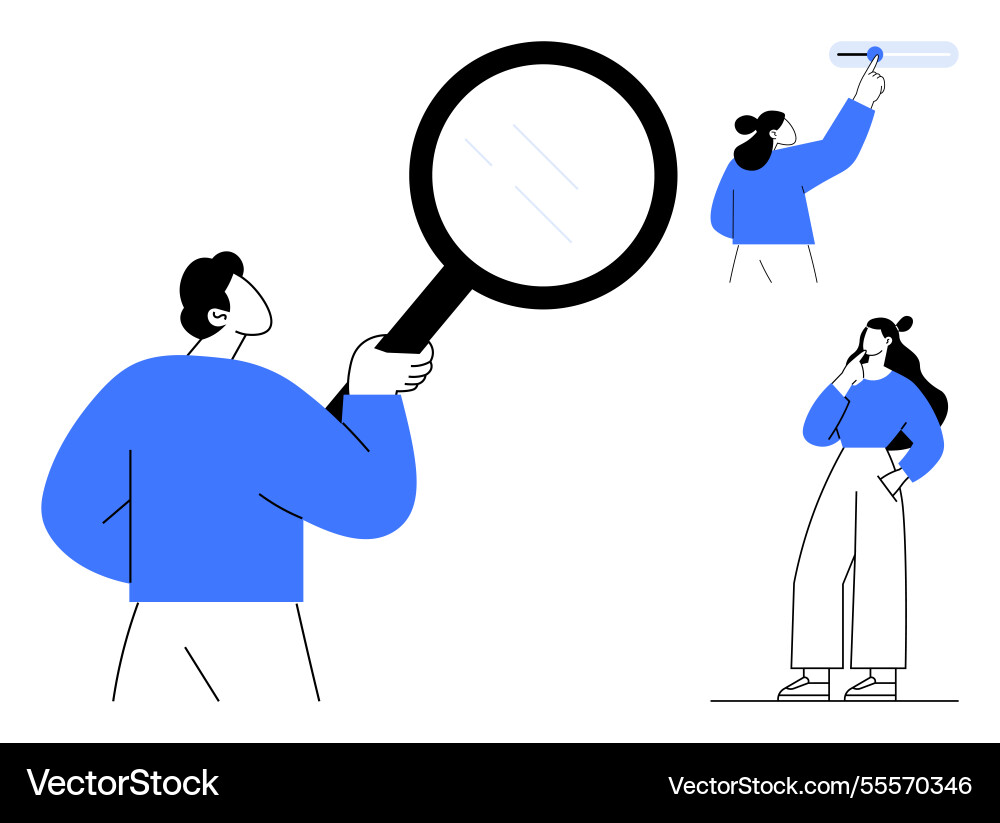 People exploring and analyzing with magnifying People exploring and analyzing with magnifying vector image