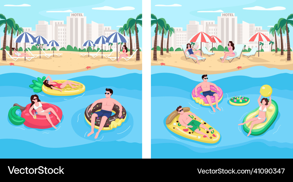 People floating on inflatables flat color set People floating on inflatables flat color set vector image