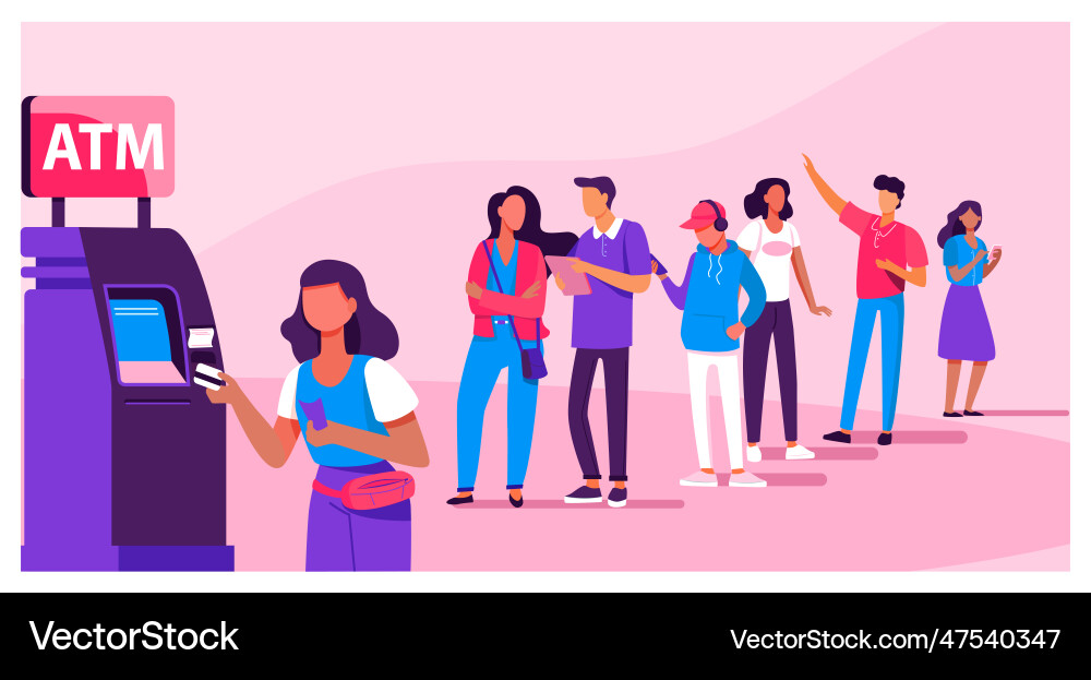 Queue of people standing for using atm Queue of people standing for using atm vector image