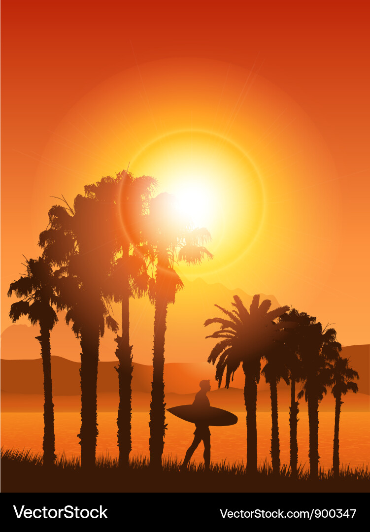 Surfer in tropischer Landschaft Vektorbild