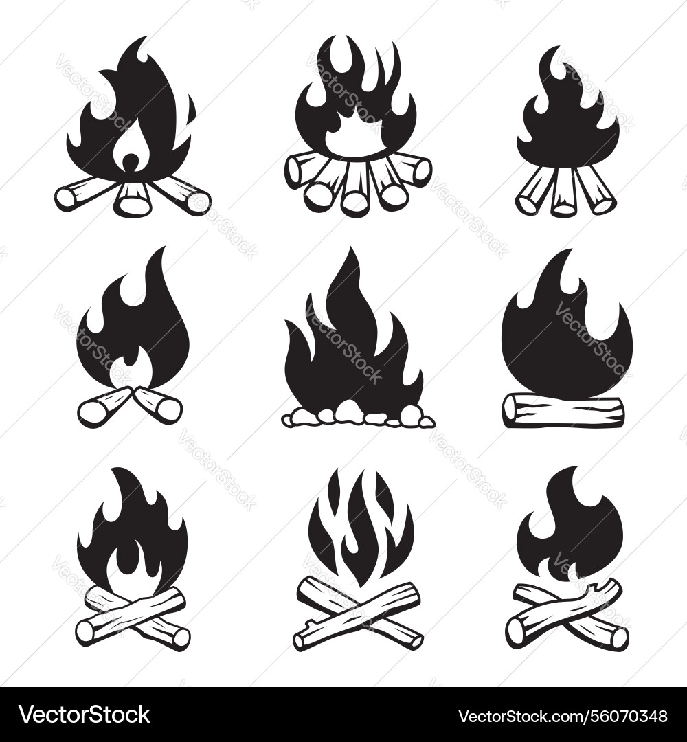 Lagerfeuer Silhouetten mit stilisiertem Feuer und Holz Lagerfeuer Silhouetten mit stilisiertem Feuer und Holz vektorbild