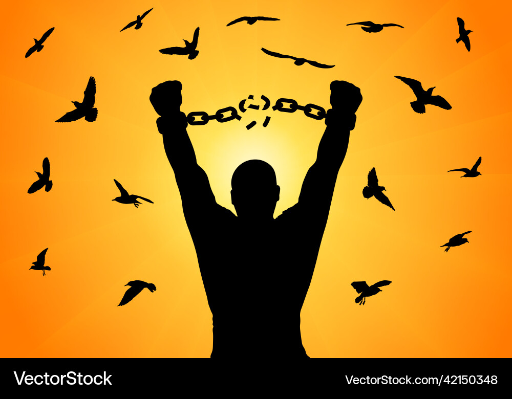 Silhouette of man with raised hands breaking vector image