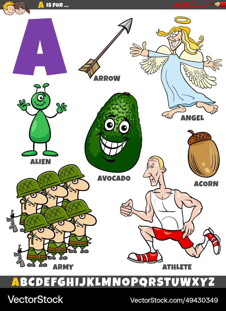 Letter a set with cartoon objects and characters Letter a set with cartoon objects and characters Vector Image