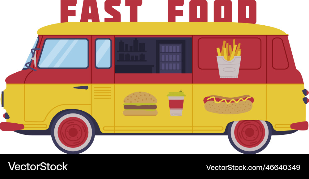 Red and yellow food truck as equipped motorized Red and yellow food truck as equipped motorized vector image