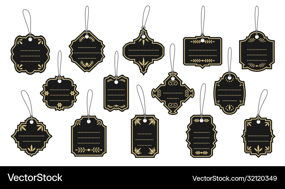 Vintage black labels gold frame tags set Vintage black labels gold frame tags set vector image