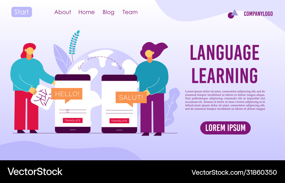 Language learning mobile application landing page Vector Image