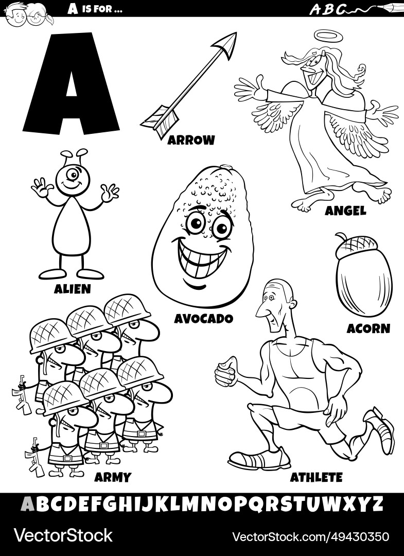 Letter a set with cartoon objects and characters Vector Image
