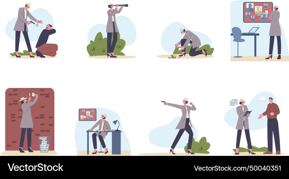 Cartoon female detective scenes brave woman agent Cartoon female detective scenes brave woman agent vector image