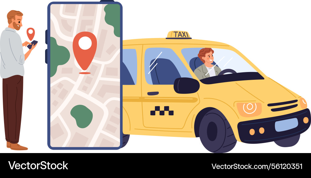 Man hails taxi using mobile app passenger calling Man hails taxi using mobile app passenger calling vector image