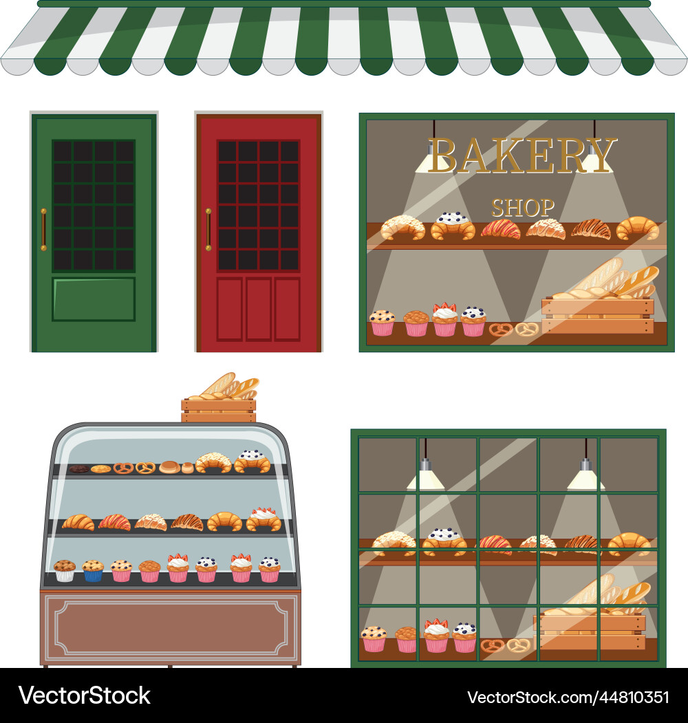 Set of bakery shop element window Set of bakery shop element window Vector Image