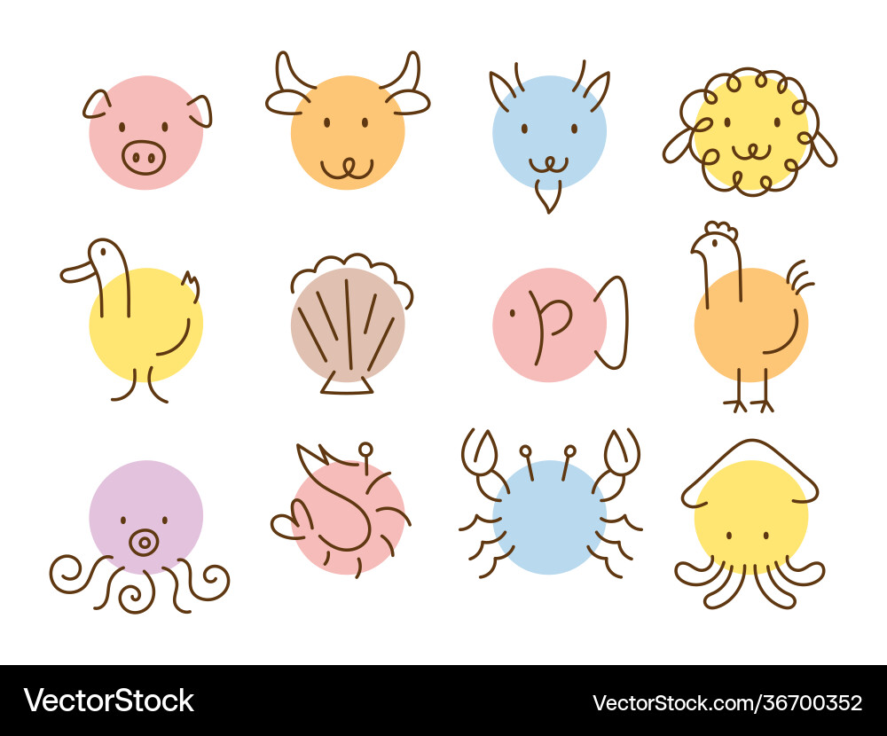 Animals head simply shape and line drawing set vector image