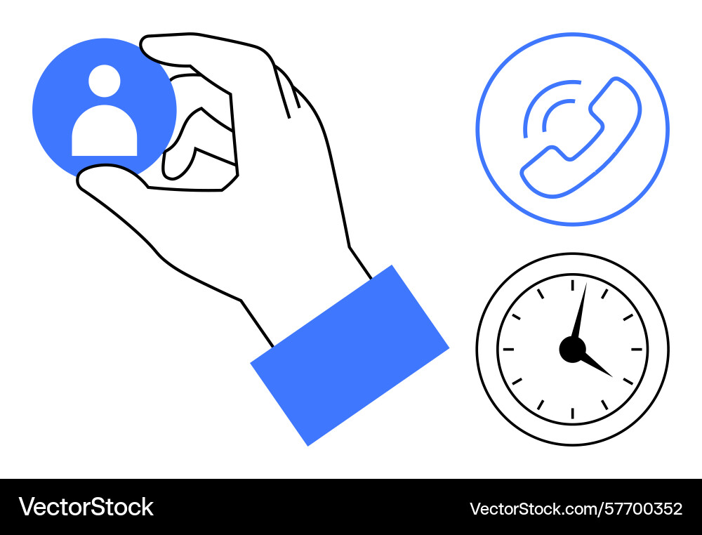 Hand selecting contact icon with call and clock Hand selecting contact icon with call and clock Vector Image