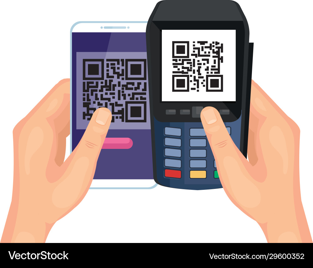 Hand using smartphone and dataphone with scan code Hand using smartphone and dataphone with scan code vector image